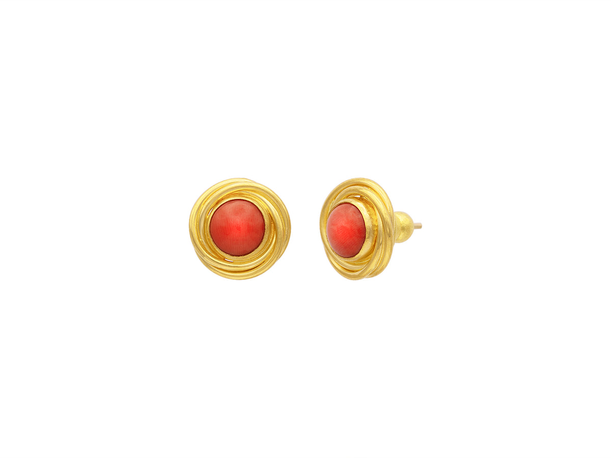 GURHAN, GURHAN Muse Gold Post Stud Earrings, 8mm Round Set in Twisted Wire Frame, with Coral