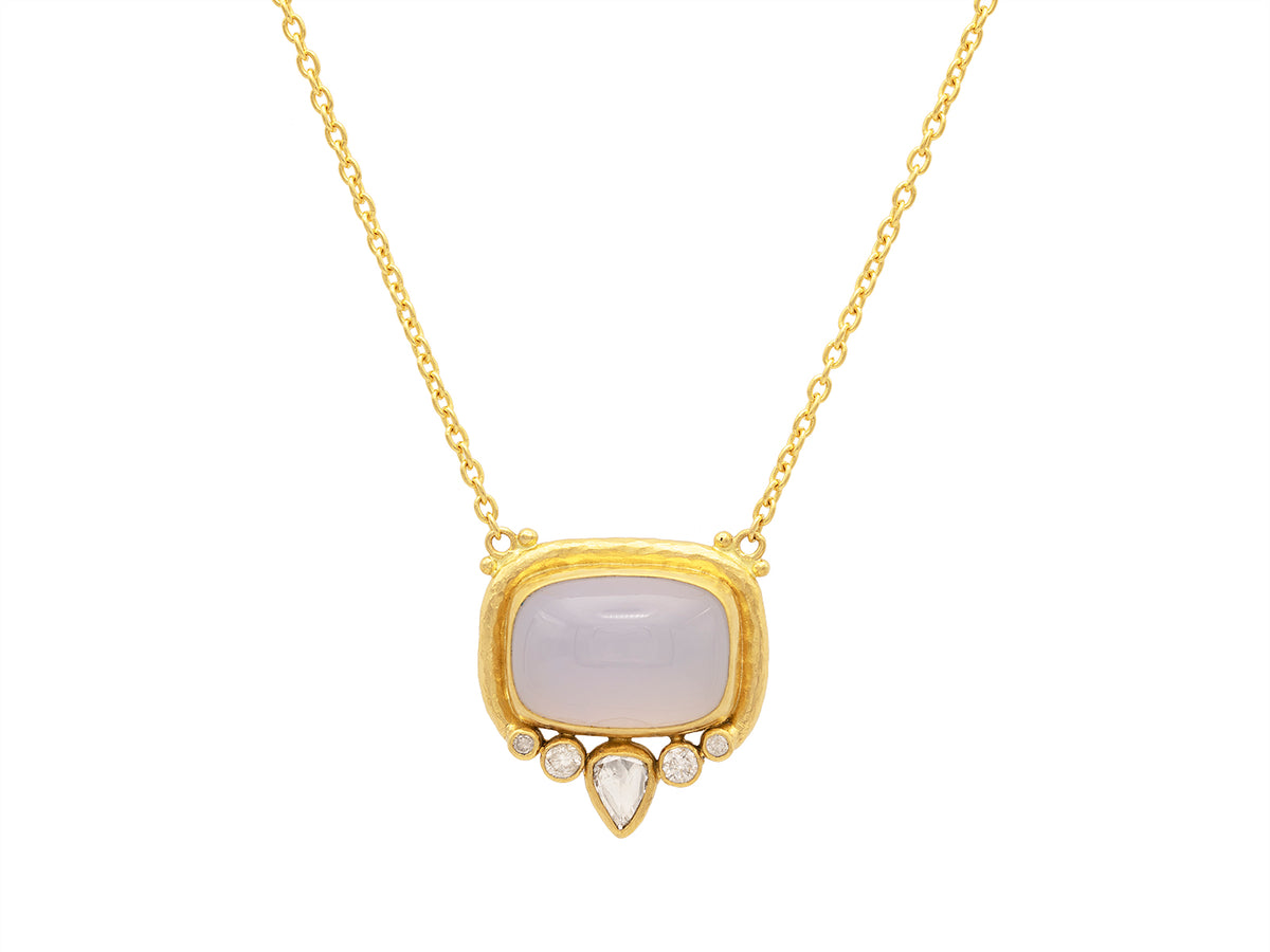 GURHAN, GURHAN Muse Gold Rectangle Pendant Necklace, 18x13mm Cabochon set in Wide Frame with Chalcedony and Diamond