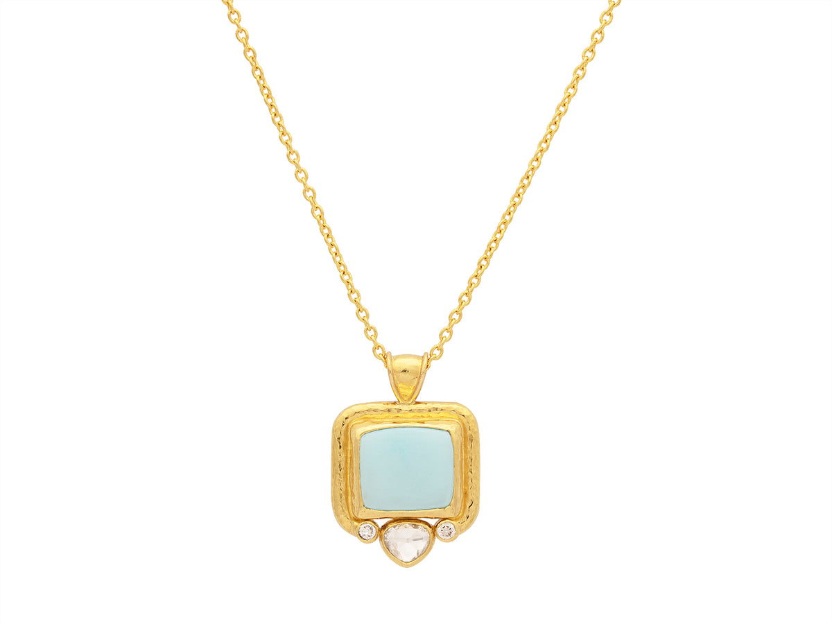 GURHAN, GURHAN Muse Gold Rectangle Pendant Necklace, 13x11mm set in Wide Frame, with Turquoise and Diamond