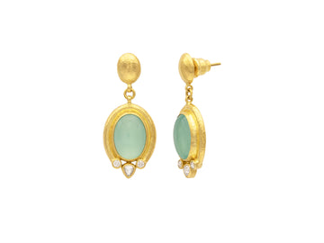 GURHAN, GURHAN Muse Gold Single Drop Earrings, 14x10mm Oval set in Wide Frame, with Chalcedony and Diamond