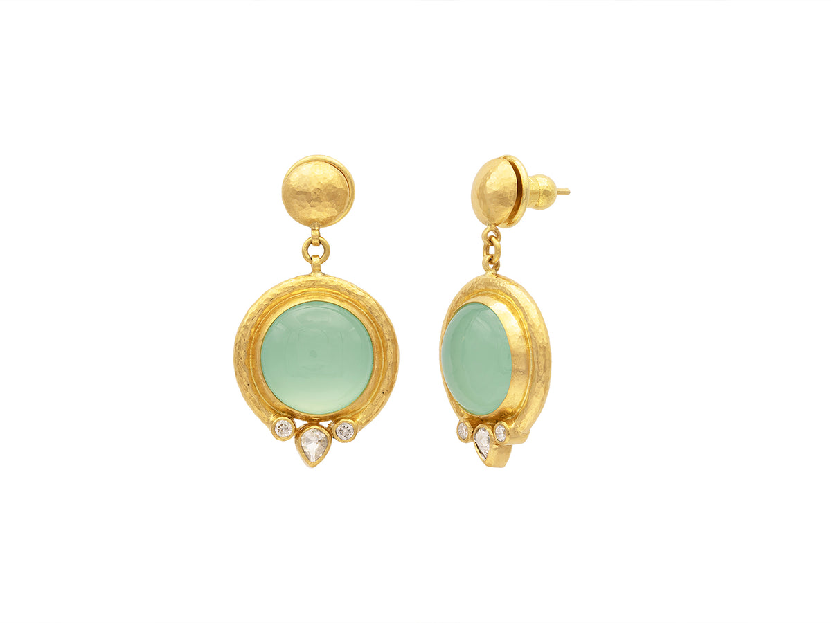GURHAN, GURHAN Muse Gold Single Drop Earrings, 15mm Round set in Wide Frame, with Chalcedony and Diamond