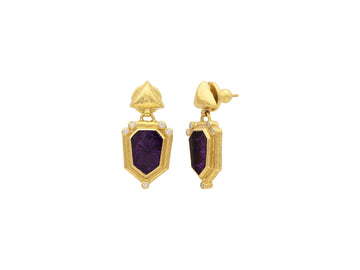 GURHAN, GURHAN Muse Gold Amethyst Single Drop Earrings, 14x11mm Flower Intaglio set in Wide Frame