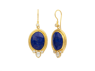 GURHAN, GURHAN Muse Gold Single Drop Earrings, 21x16mm Amorphous set in Wide Frame, Wire Hook, with Lapis and Diamond