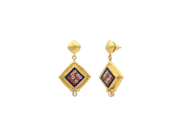 GURHAN, GURHAN Antiquities Gold Micro Mosaic Single Drop Earrings, 11mm Floral Motif, Round Post Top