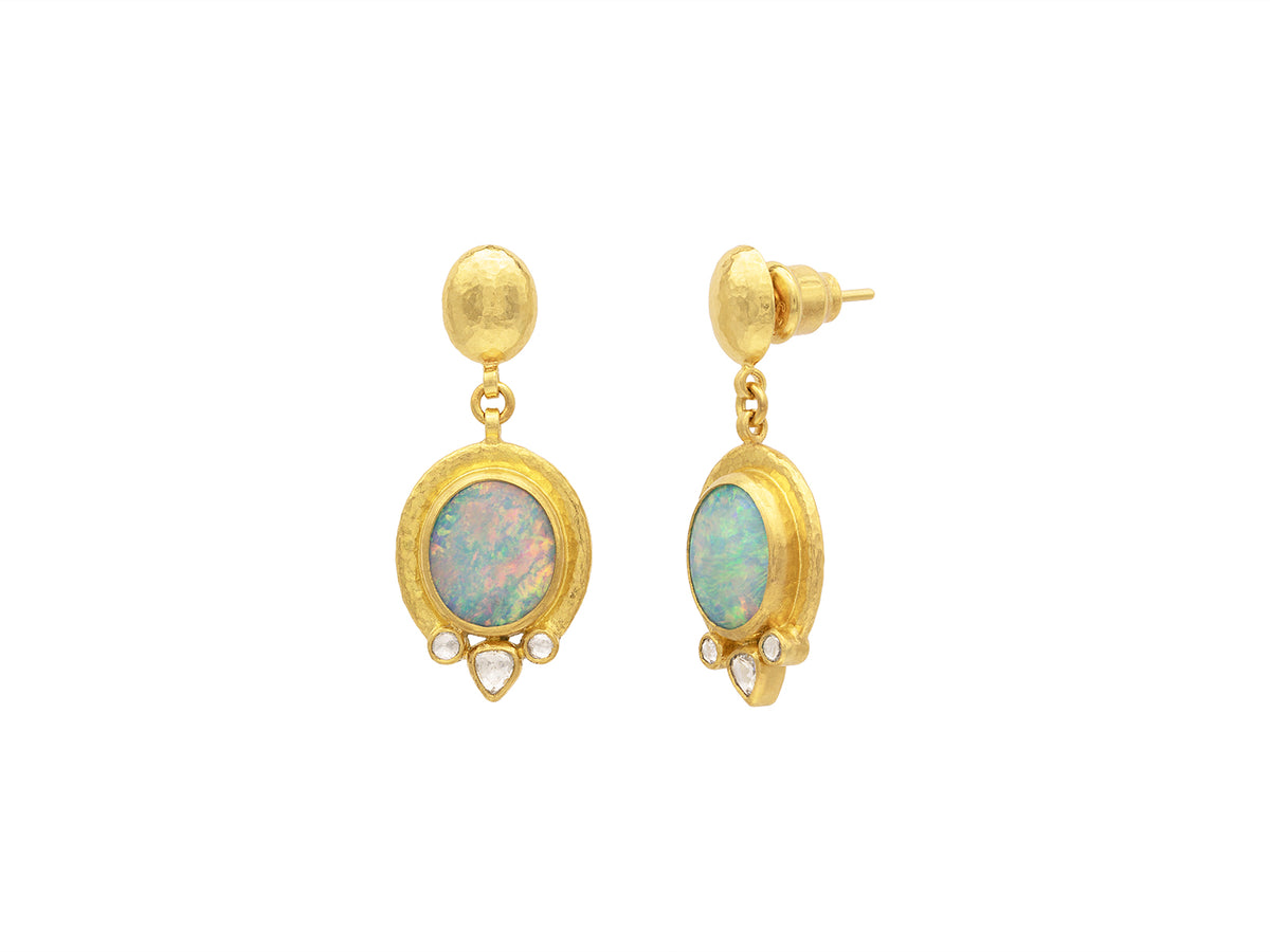 GURHAN, GURHAN Muse Gold Single Drop Earrings, 12x10mm Oval set in Wide Frame, Round Post Top, with Opal and Diamond