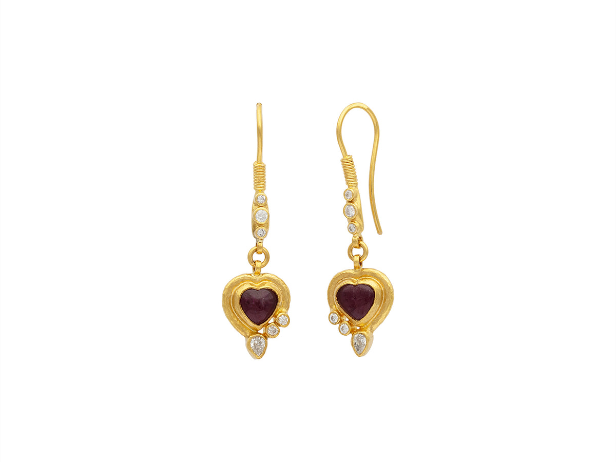 GURHAN, GURHAN Muse Gold Single Drop Earrings, 7mm Heart set in Wide Frame, with Ruby and Diamond