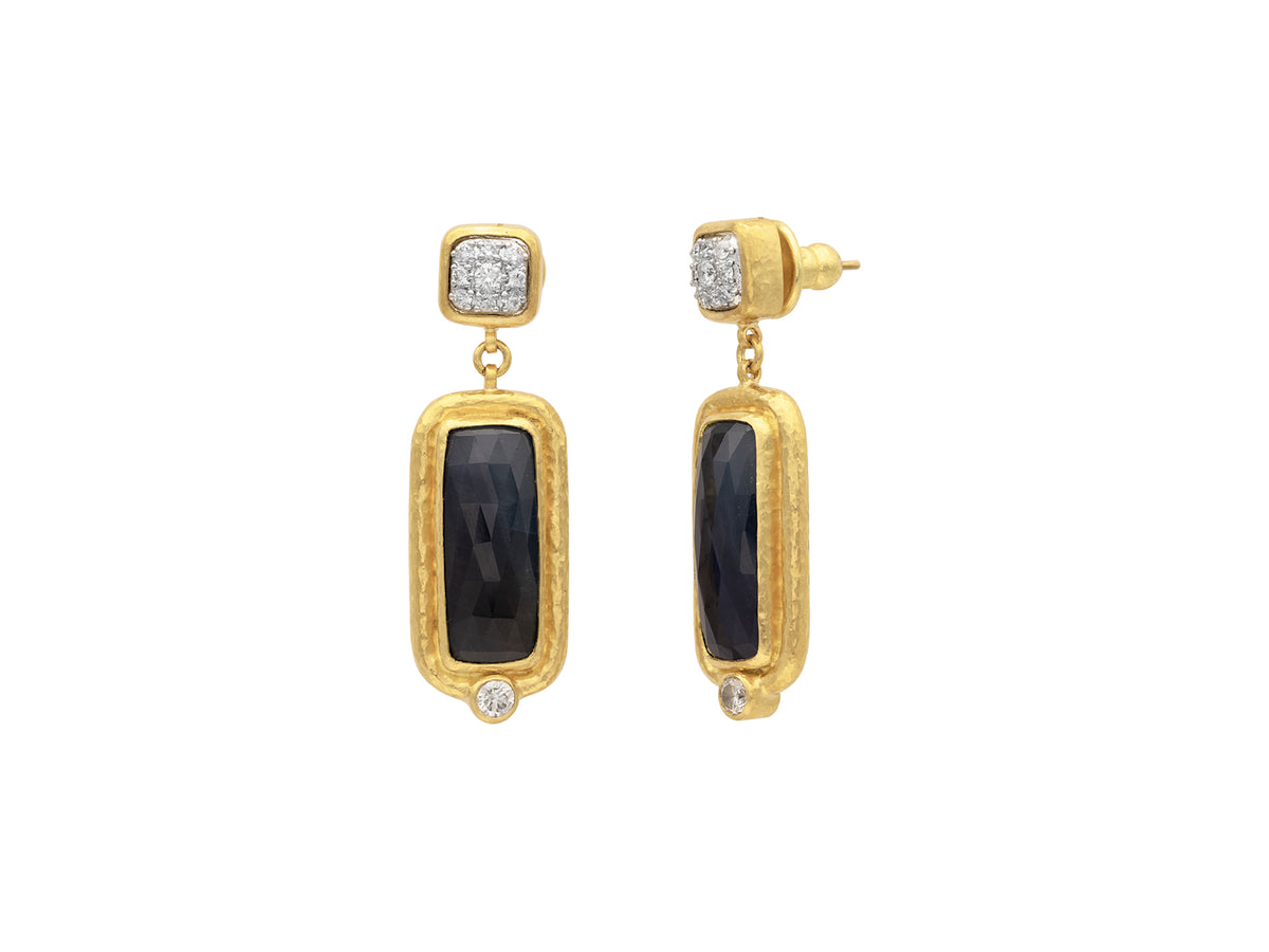 GURHAN, GURHAN Muse Gold Single Drop Earrings, 22x9mm Rectangle set in Wide Frame, with Sapphire and Diamond