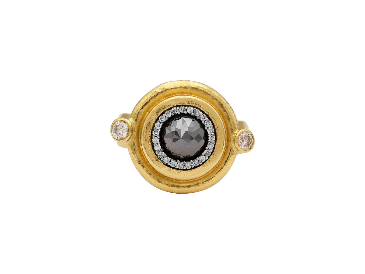 GURHAN, GURHAN Muse Gold Stone Cocktail Ring, 10mm Round Stone set in Wide Frame, with Black and White Diamond