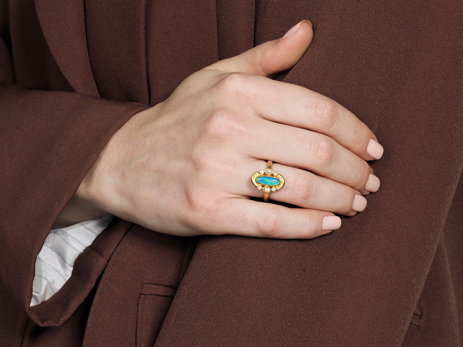 GURHAN Muse Gold Opal Cocktail Ring, 12x5mm Oval set in Wide Frame