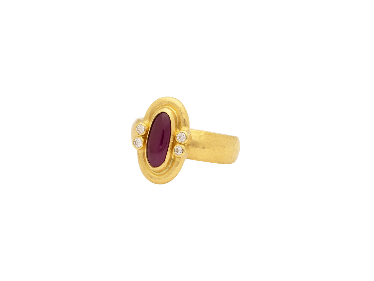 GURHAN, GURHAN Muse Gold Stone Cocktail Ring, 11x5mm Oval set in Wide Frame, with Ruby and Diamond
