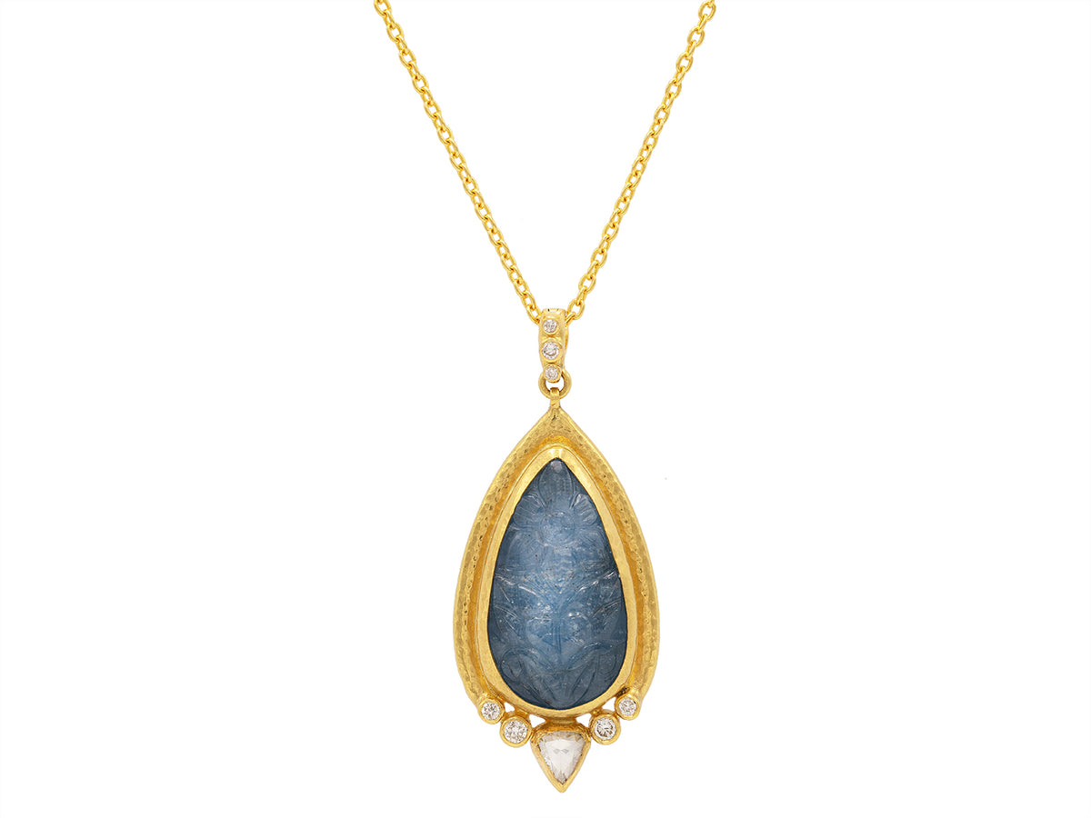 GURHAN, GURHAN Muse Gold Teardrop Pendant Necklace, Carved Stone in Wide Frame, with Aquamarine and Diamond