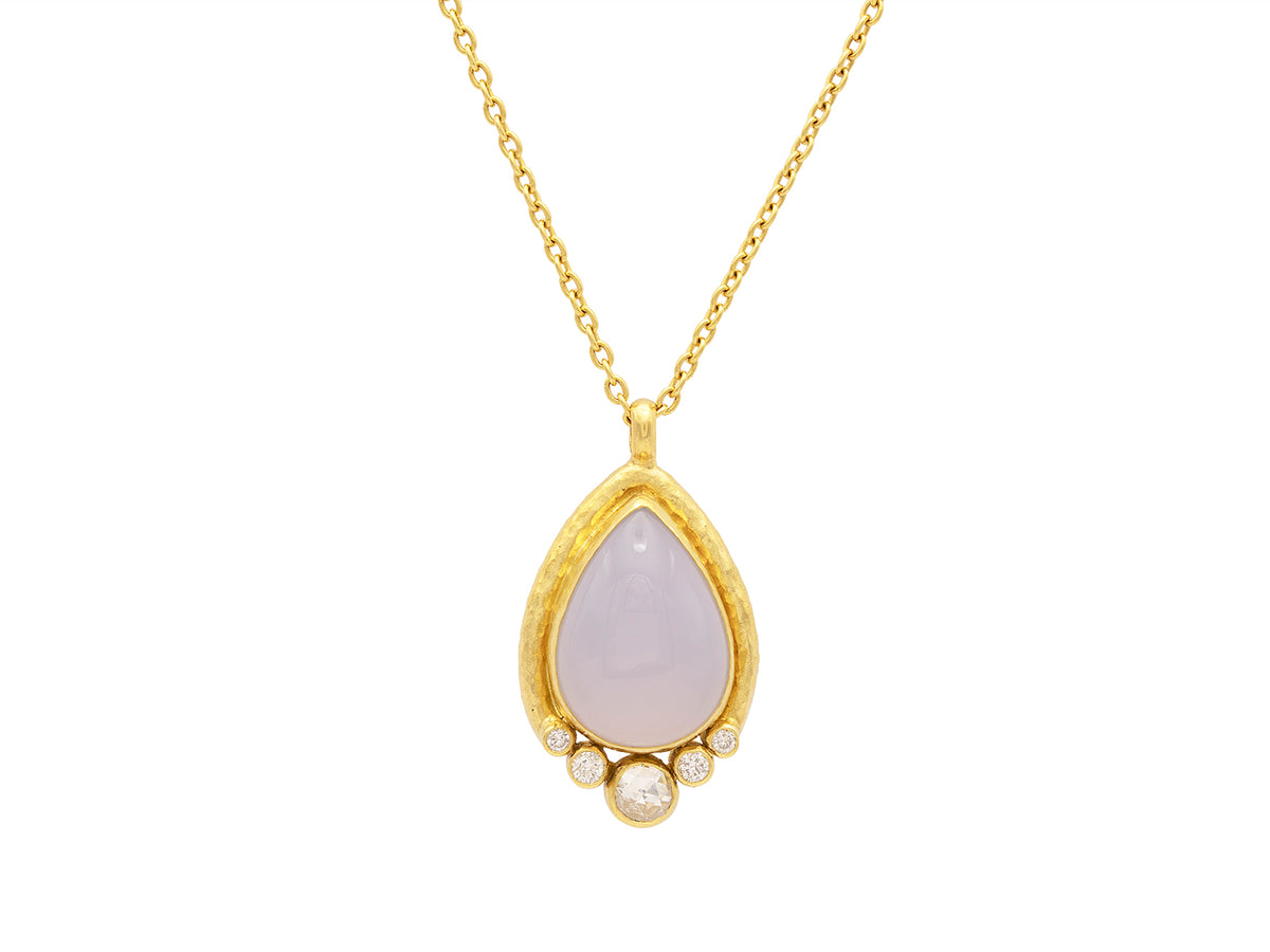 GURHAN, GURHAN Muse Gold Teardrop Pendant Necklace, 20x15mm Cabochon set in Wide Frame, with Chalcedony and Diamond