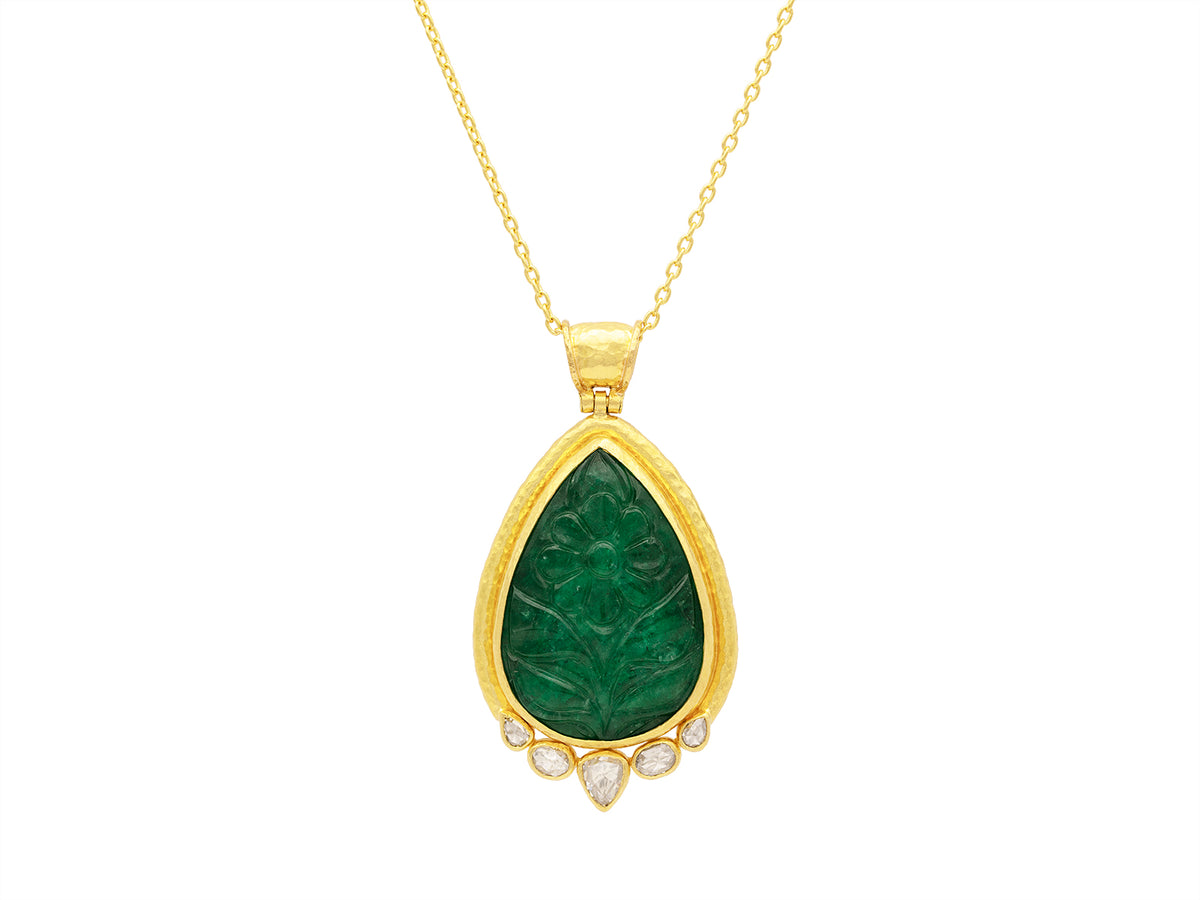 GURHAN, GURHAN Muse Gold Teardrop Pendant Necklace, 36x26mm Carved Stone set in Wide Frame, Emerald and Diamond