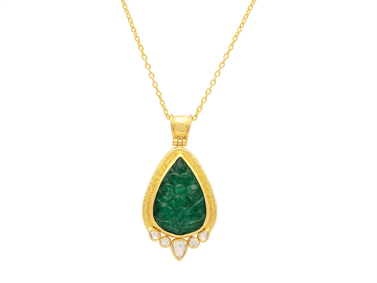 GURHAN, GURHAN Muse Gold Teardrop Pendant Necklace, 27x19mm Carved Stone set in Wide Frame, with Emerald and Diamond