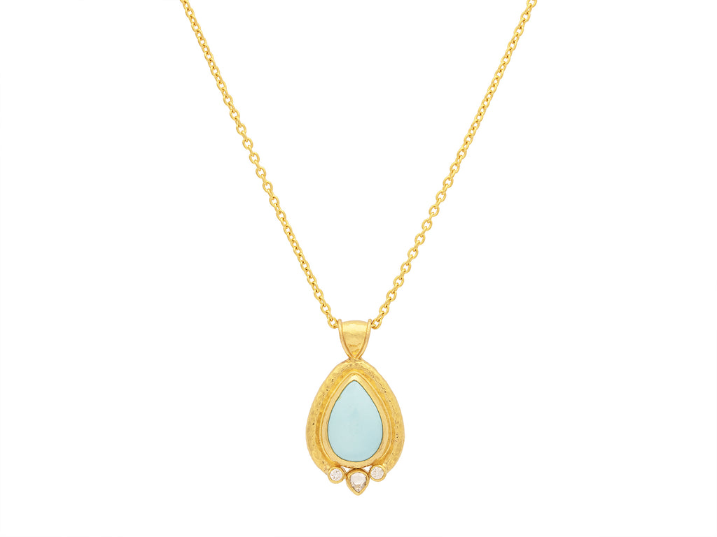 GURHAN, GURHAN Muse Gold Teardrop Pendant Necklace, 14x10mm set in Wide Frame, with Turquoise and Diamond
