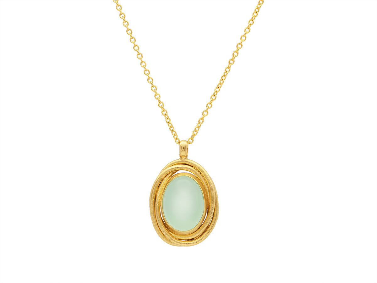 GURHAN, GURHAN Muse Gold Pendant Necklace, 16x12mm Oval Set in Twisted Wire Frame, with Chalcedony