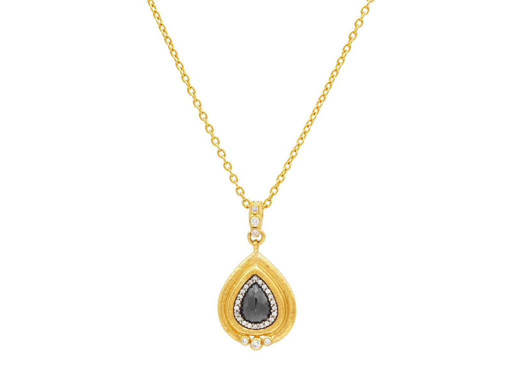 GURHAN, GURHAN Muse Gold Black and White Diamond Pendant Necklace, 12x10mm Teardrop set in Wide Frame