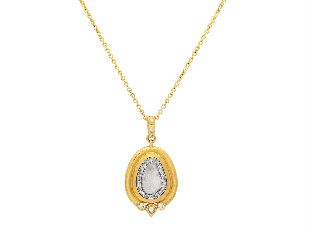 GURHAN, GURHAN Muse Gold Pendant Necklace, 16x11mm Slice set in Pave and Gold Frame, with Diamond