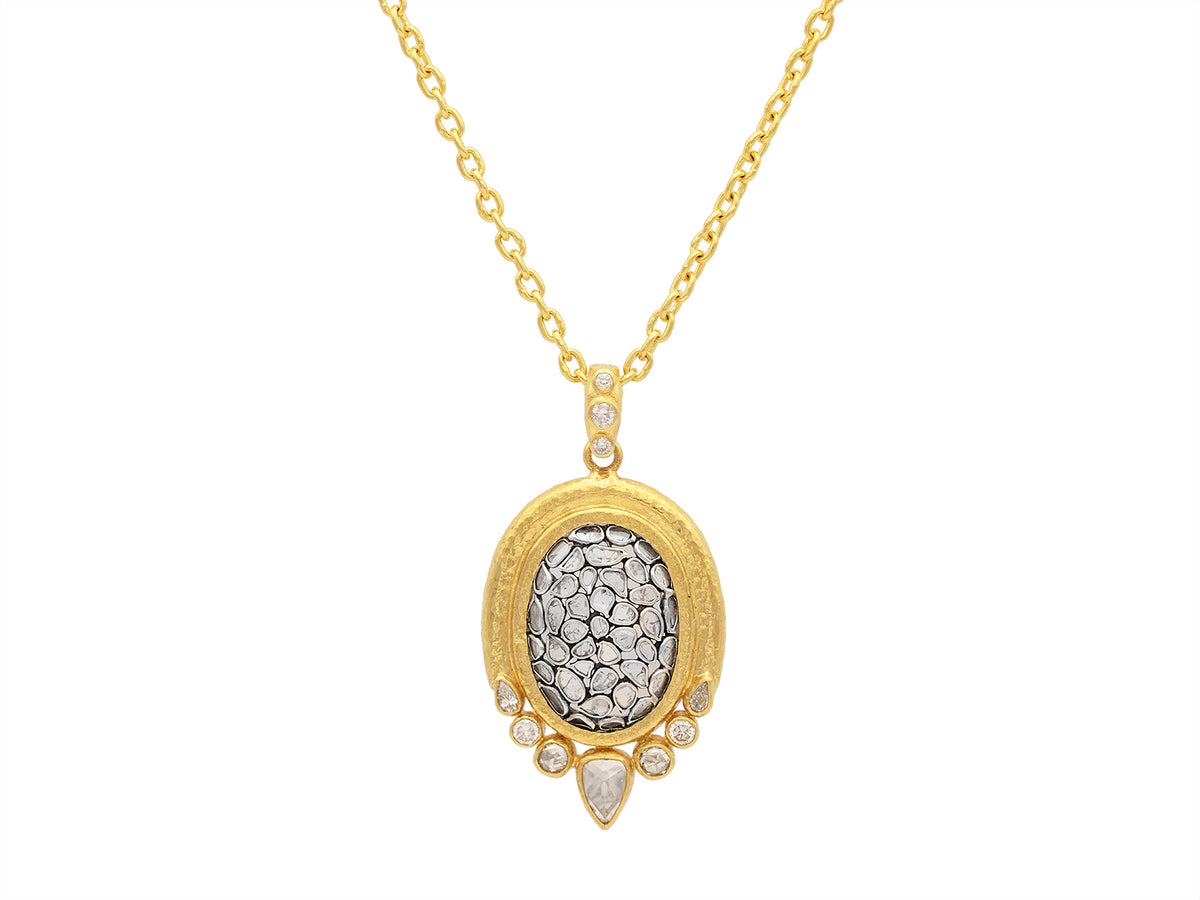GURHAN, GURHAN Muse Gold Pendant Necklace, Vertical Oval set in Wide Frame, with Diamond Slices