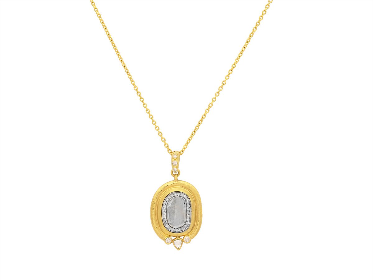 GURHAN, GURHAN Muse Gold Pendant Necklace, 15x11mm Slice set in Pave and Gold Frame, with Diamond