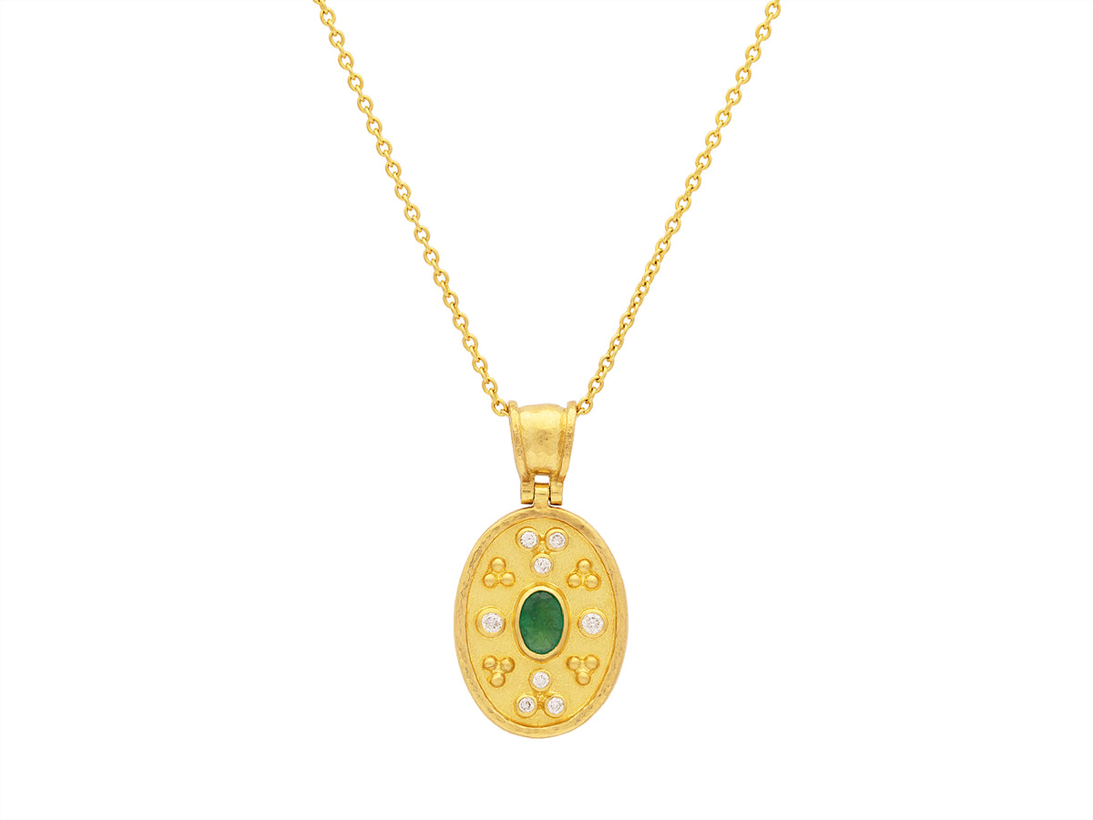 GURHAN, GURHAN Muse Gold Pendant Necklace, 7x5mm Oval set in Wide Frame, with Emerald and Diamond