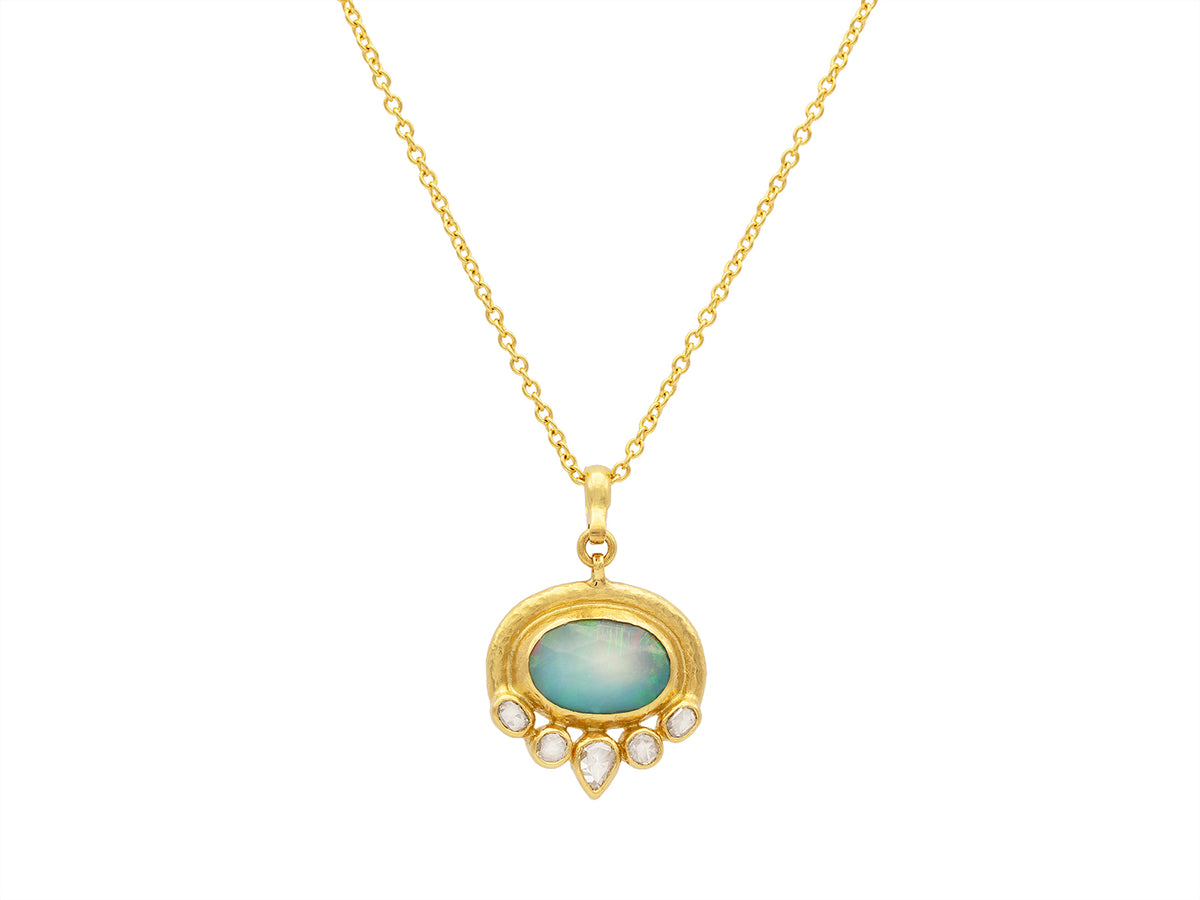 GURHAN, GURHAN Muse Gold Pendant Necklace, 14x10mm Oval in Wide Frame, with Opal and Diamond