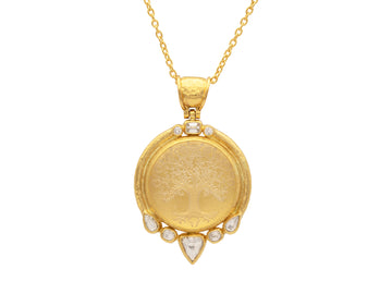 GURHAN, GURHAN Muse Gold Pendant Necklace, 25mm Round Tree of Life set in Wide Frame, Quartz Intaglio