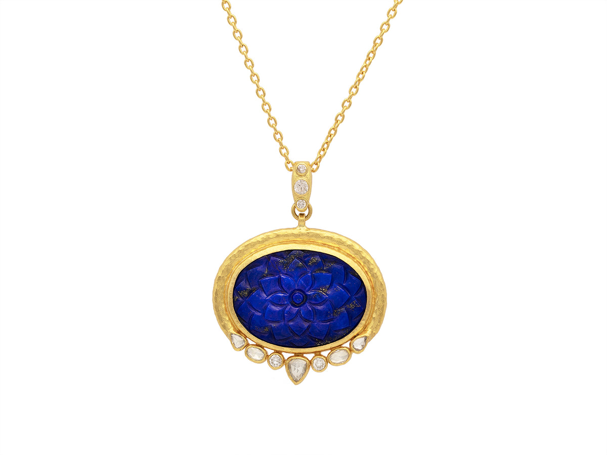 GURHAN, GURHAN Muse Gold Pendant Necklace, 29x22mm Carved Oval set in Wide Frame, with Lapis and Diamond