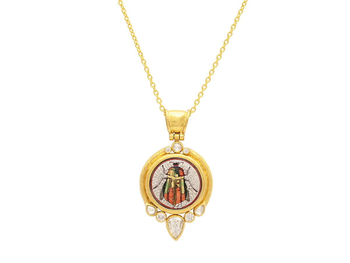 GURHAN, GURHAN Antiquities Gold Pendant Necklace, 19mm Round Scarab Beetle Motif set in Wide Frame, Micro Mosaic and Diamond