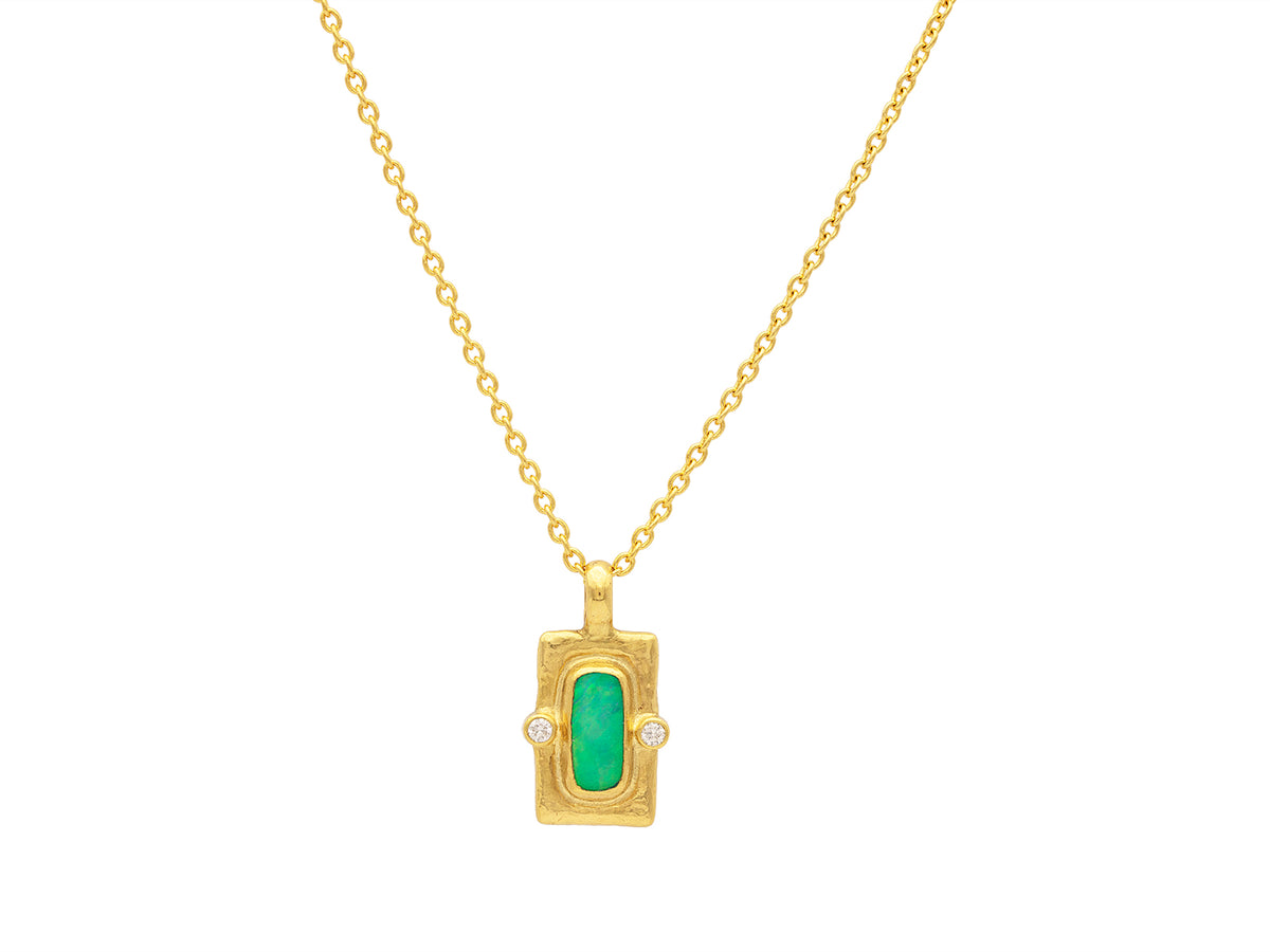 GURHAN, GURHAN Muse Gold Pendant Necklace, 10x4mm Rectangle set in Wide Frame, with Opal and Diamond