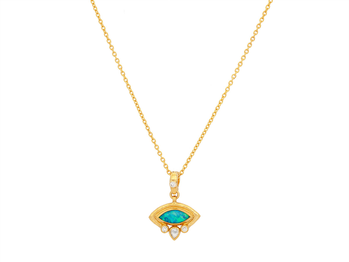 GURHAN, GURHAN Muse Gold Pendant Necklace, 12x6mm Marquise set in Wide Frame, with Opal and Diamond