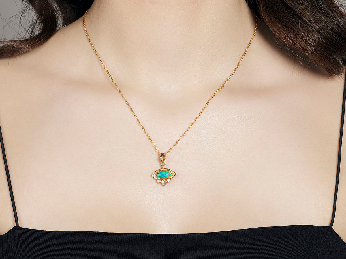 GURHAN, GURHAN Muse Gold Pendant Necklace, 12x6mm Marquise set in Wide Frame, with Opal and Diamond