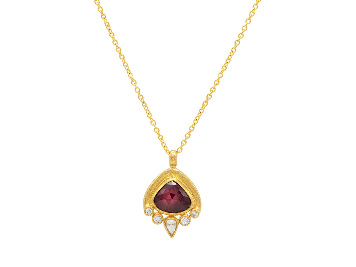 GURHAN, GURHAN Muse Gold Pendant Necklace, 12x11mm Drop set in Wide Frame, with Ruby and Diamond