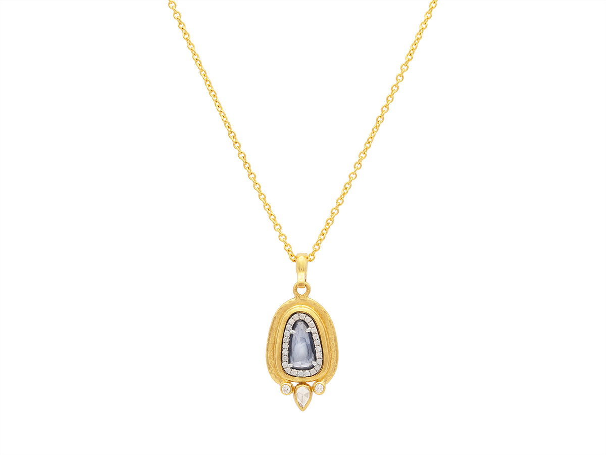 GURHAN, GURHAN Muse Gold Pendant Necklace, 13x8mm Amorphous set in Wide Frame,, with Sapphire and Diamond