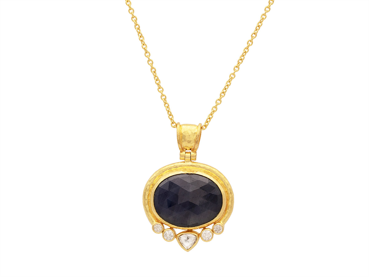 GURHAN, GURHAN Muse Gold Pendant Necklace, 21x16mm Oval set in Wide Frame, with Sapphire and Diamond