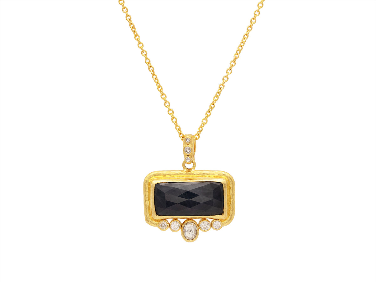 GURHAN, GURHAN Muse Gold Pendant Necklace, 20x10mm Rectangle set in Wide Frame, with Sapphire and Diamond