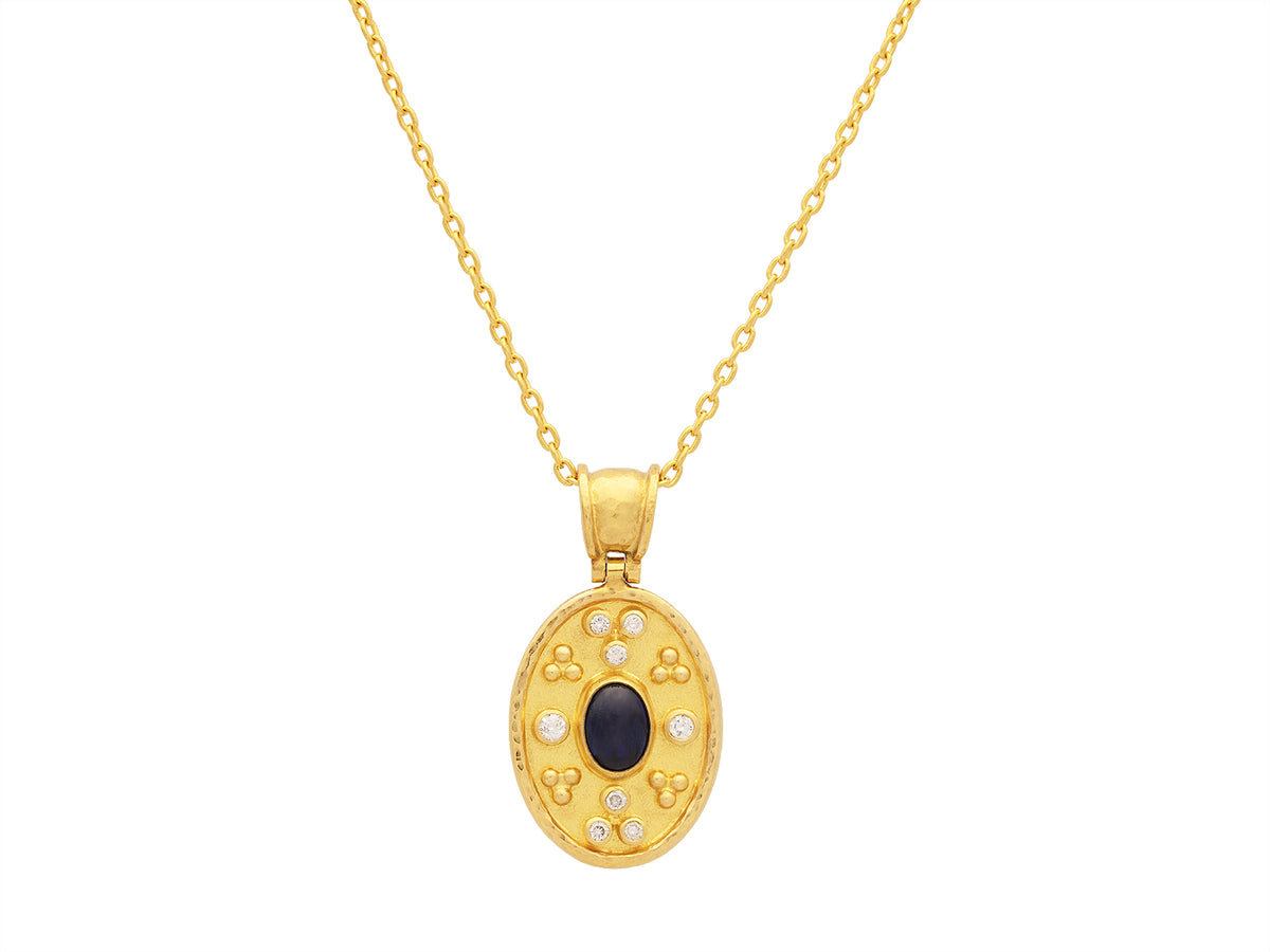 GURHAN, GURHAN Muse Gold Pendant Necklace, 8x6mm Oval set in Wide Frame, with Sapphire and Diamond