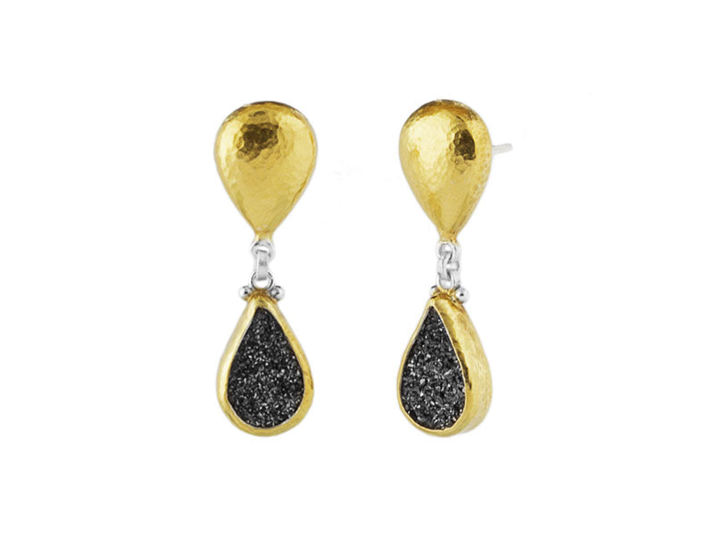 GURHAN, GURHAN Mystere Sterling Silver Single Drop Earrings, Pear Shaped Post Top, Druzy Quartz, Gold Accents