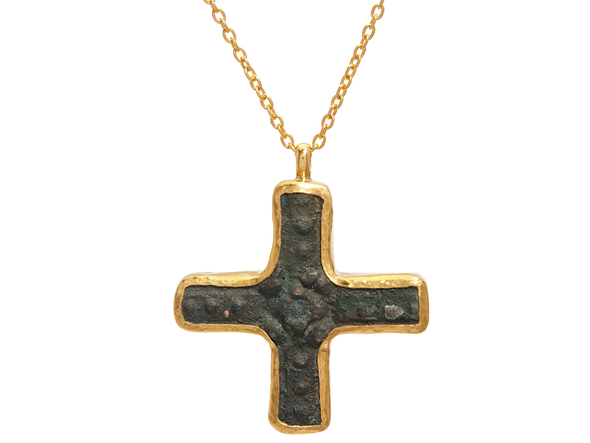 GURHAN, GURHAN Antiquities Gold Cross Pendant Necklace, 26mm, with Ancient Bronze Cross