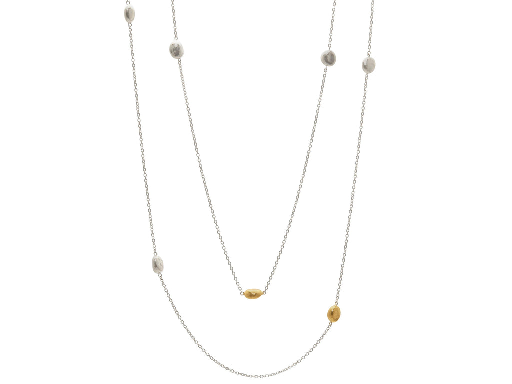 GURHAN, GURHAN Spell Sterling Silver Station Long Necklace, Small Nugget Beads on Light Chain, Gold Accents