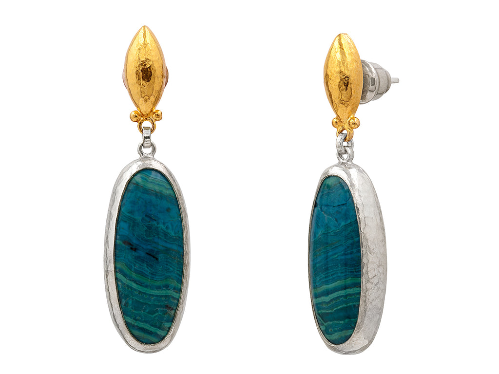 GURHAN, GURHAN Galapagos Sterling Silver Chrysocolla Single Drop Earrings, 24x11mm Oval on Post Top, Gold Accents