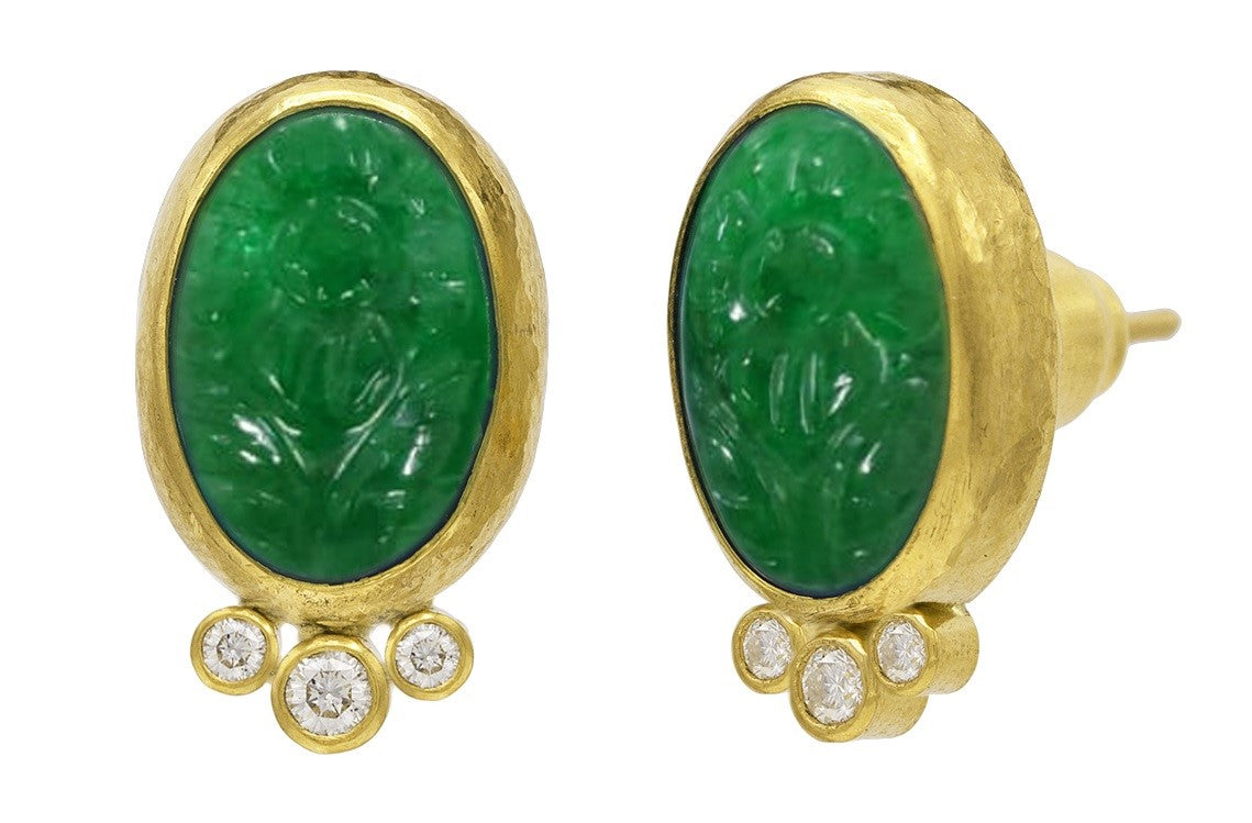 GURHAN Rune Gold Stud Earrings, Carved Oval on Clip Post, with Emerald and Diamond