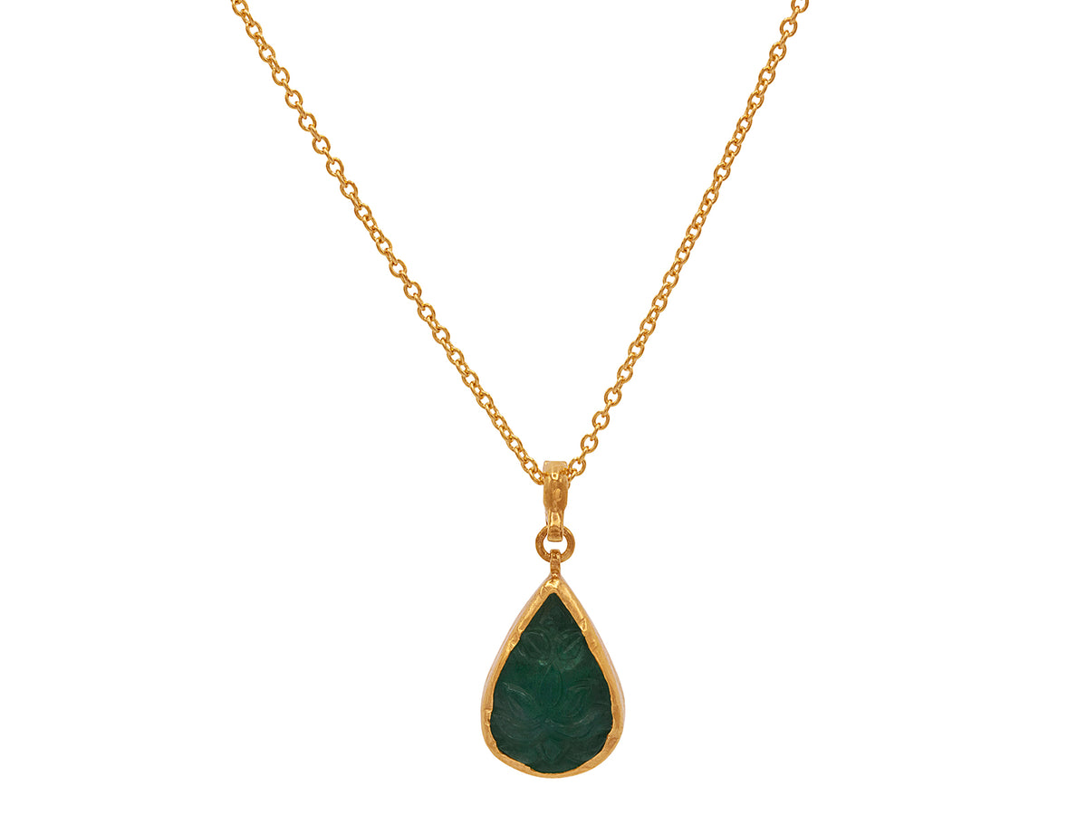 GURHAN, GURHAN Rune Gold Pendant Necklace, Carved Teardop, with Emerald