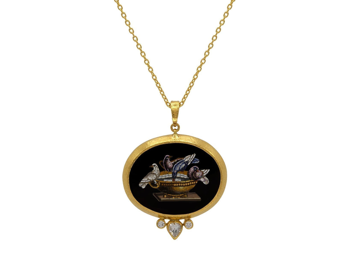 GURHAN, GURHAN Antiquities Gold Pendant Necklace, Bird Bath Design, with Micro Mosaic and Diamond