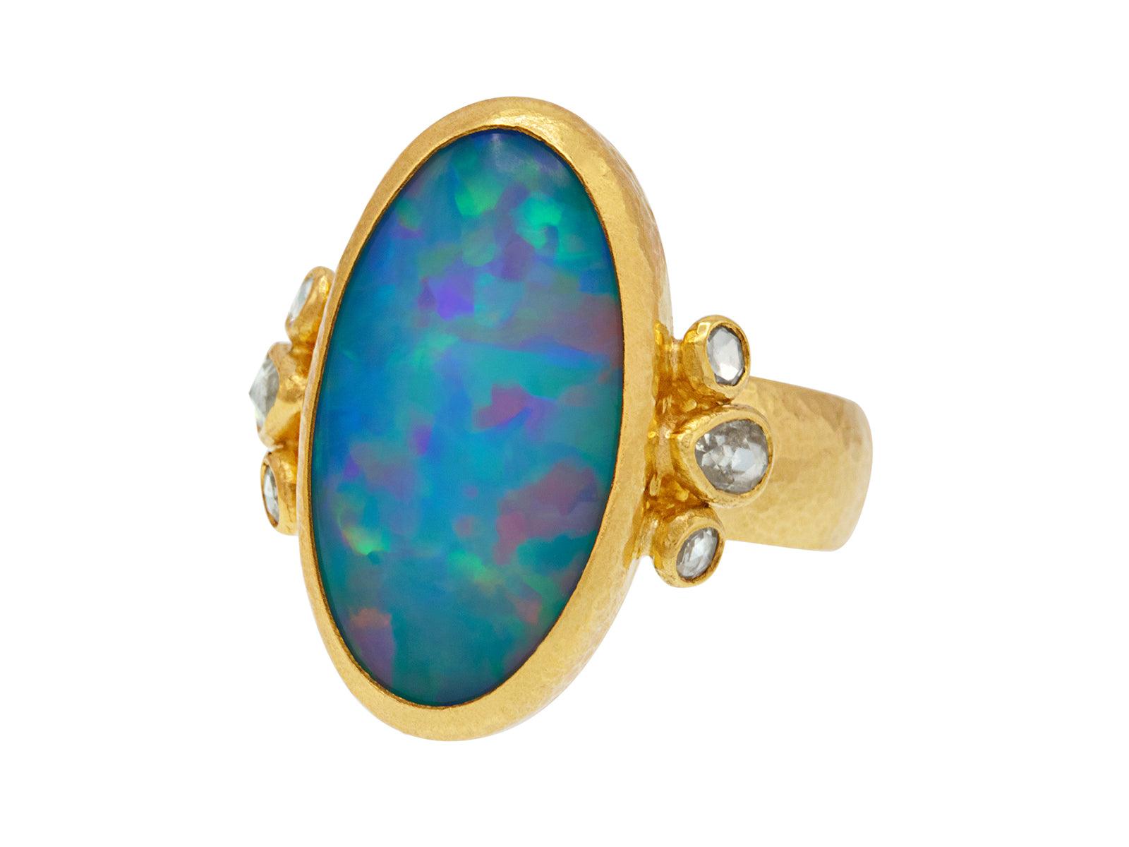 GURHAN Rune Gold Opal Cocktail Ring, 21x11mm Oval, Triple Side Diamond