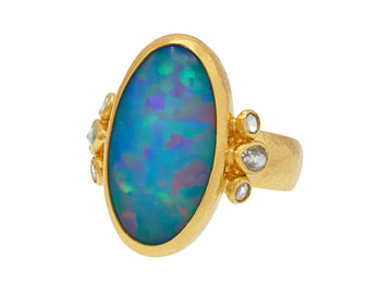 GURHAN, GURHAN Rune Gold Opal Cocktail Ring, 21x11mm Oval, Triple Side Diamonds