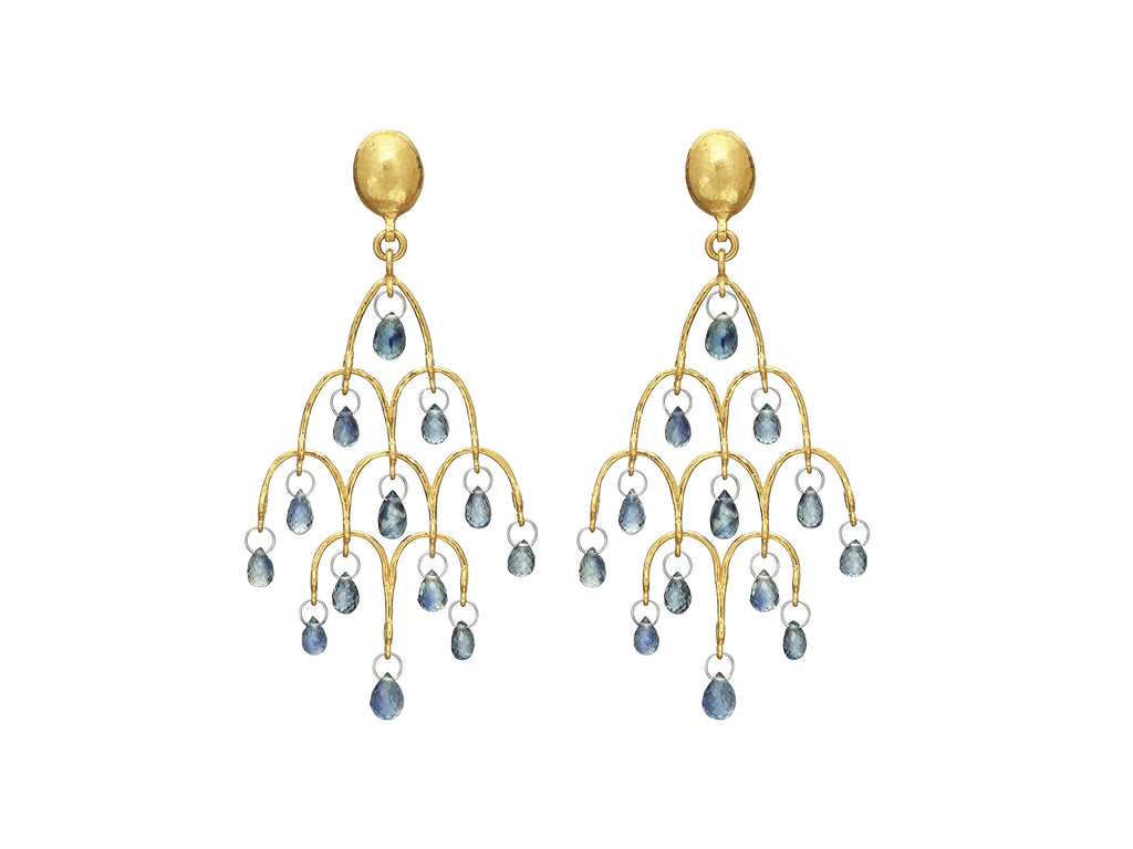 GURHAN, GURHAN Dew Gold Chandelier Drop Earrings, Oval Post Top, with Sapphire Briolette