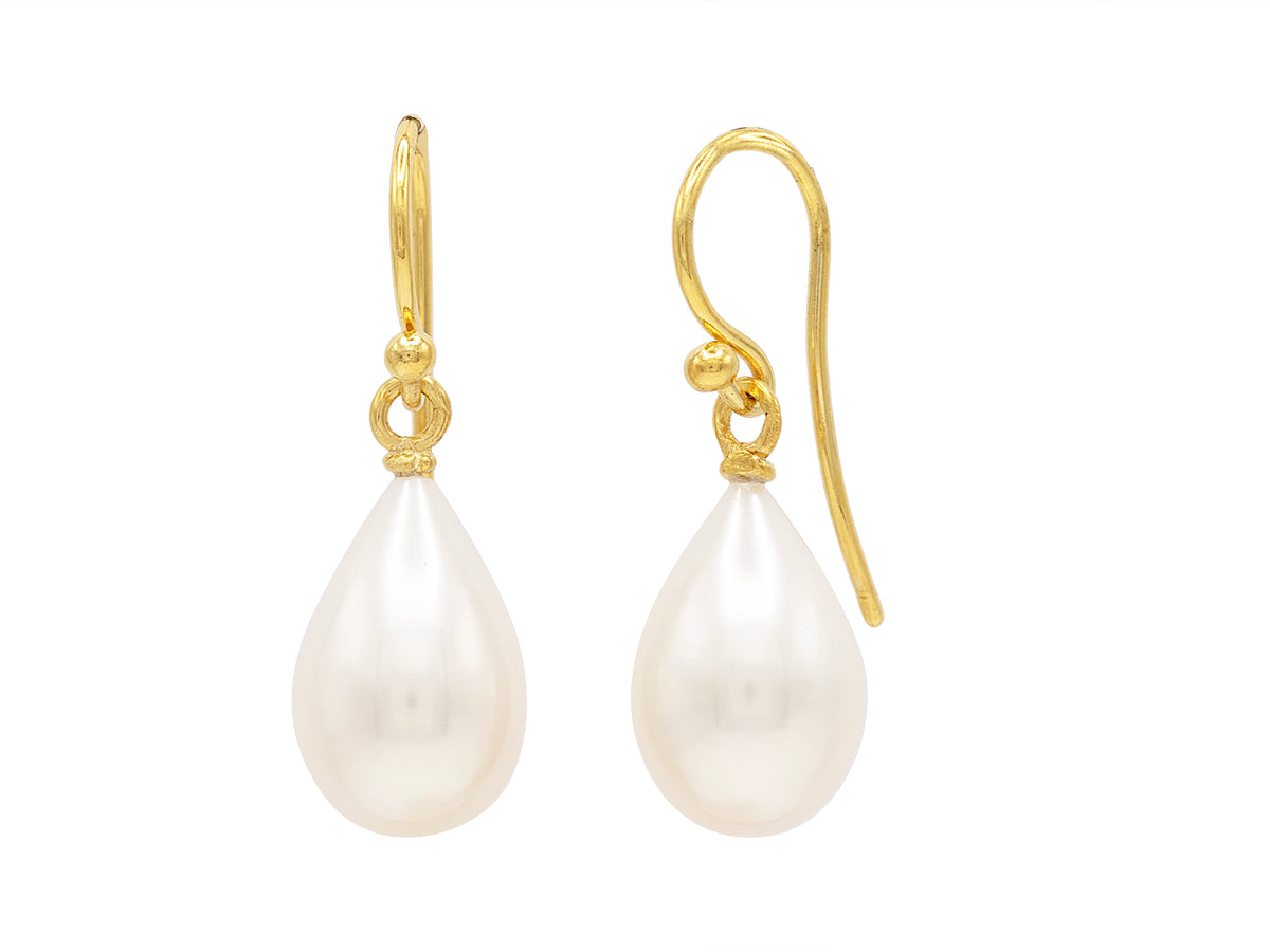 GURHAN, GURHAN Oyster Gold Single Drop Earrings, Pear Shape on Wire Hook, with Pearl