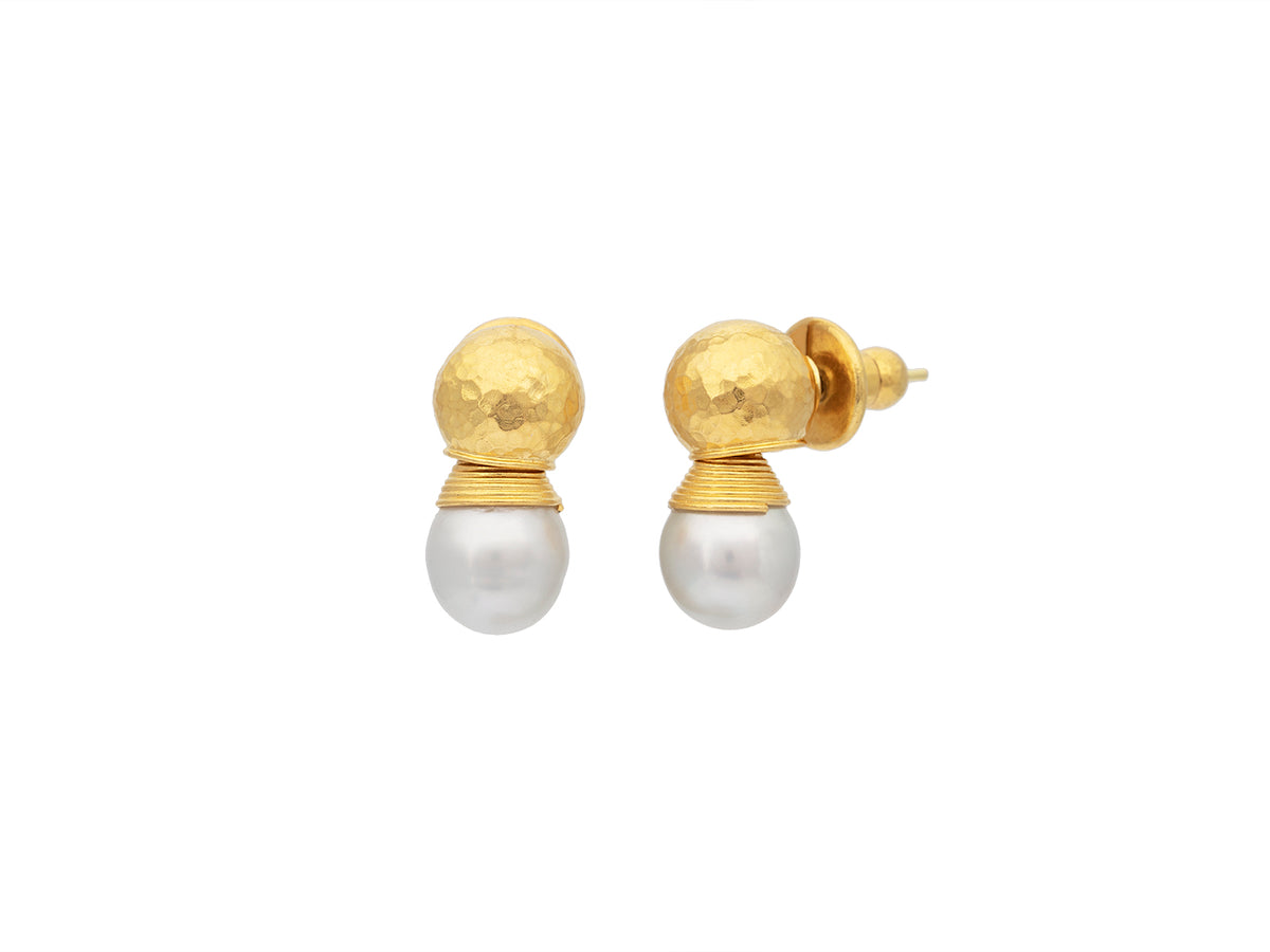 GURHAN, GURHAN Oyster Gold Single Drop Earrings, 9mm Ball on Ball Post Top, with Pearl