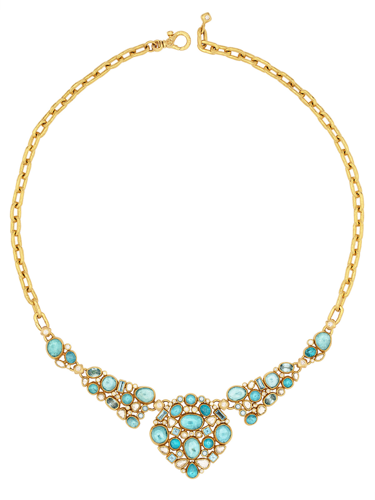 GURHAN, GURHAN Pointelle Gold Bib Short Necklace, Mixed Shaped Cluster Elements, with Mixed Blue Stones